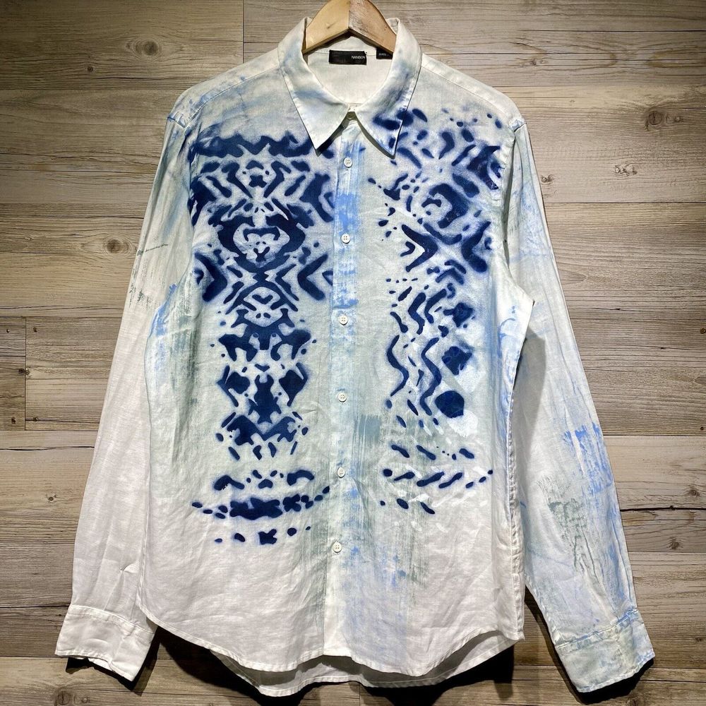 Authentic Nanibon Fuzzi Shirt Mens 52/LG Italy Linen Abstract Dye & Paint Art
